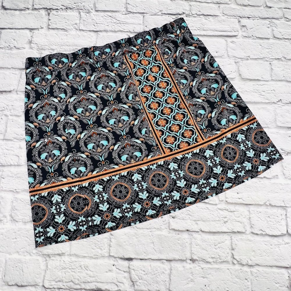 Loft Mini Skirt Women's Size XL Black Multicolor Print Elastic Waist Stretch